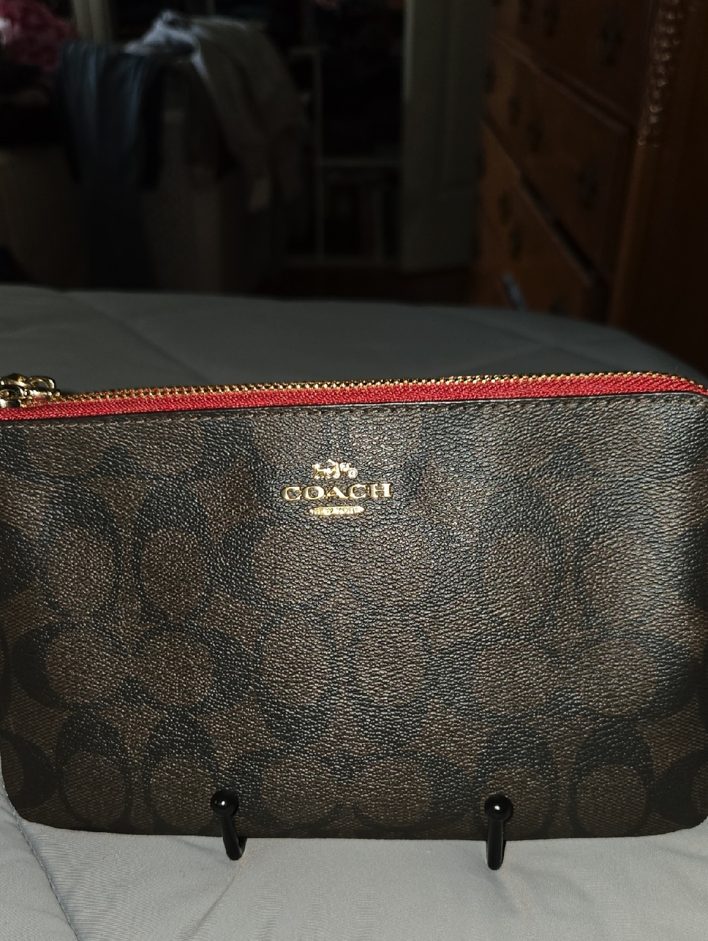 Coach Brown Signature Wristlet with Red Trim